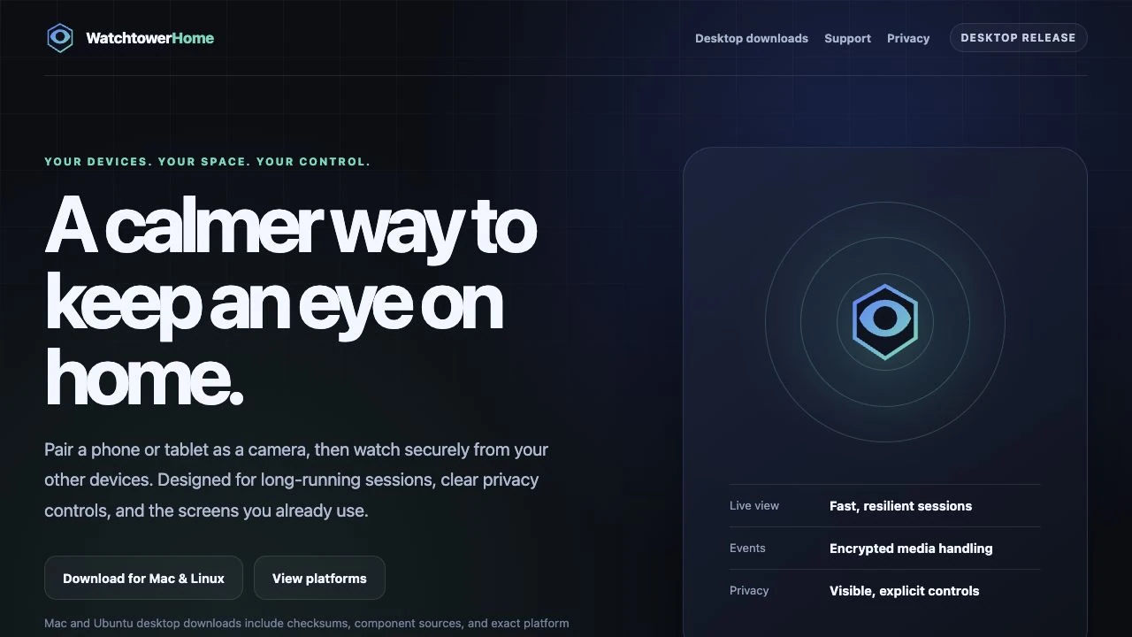 Watchtower Home website with private home monitoring and device pairing